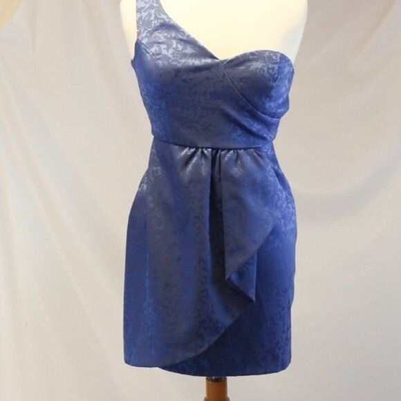 Blue One Shoulder Asymmetrical Brocade Dress M - Picture 1 of 7